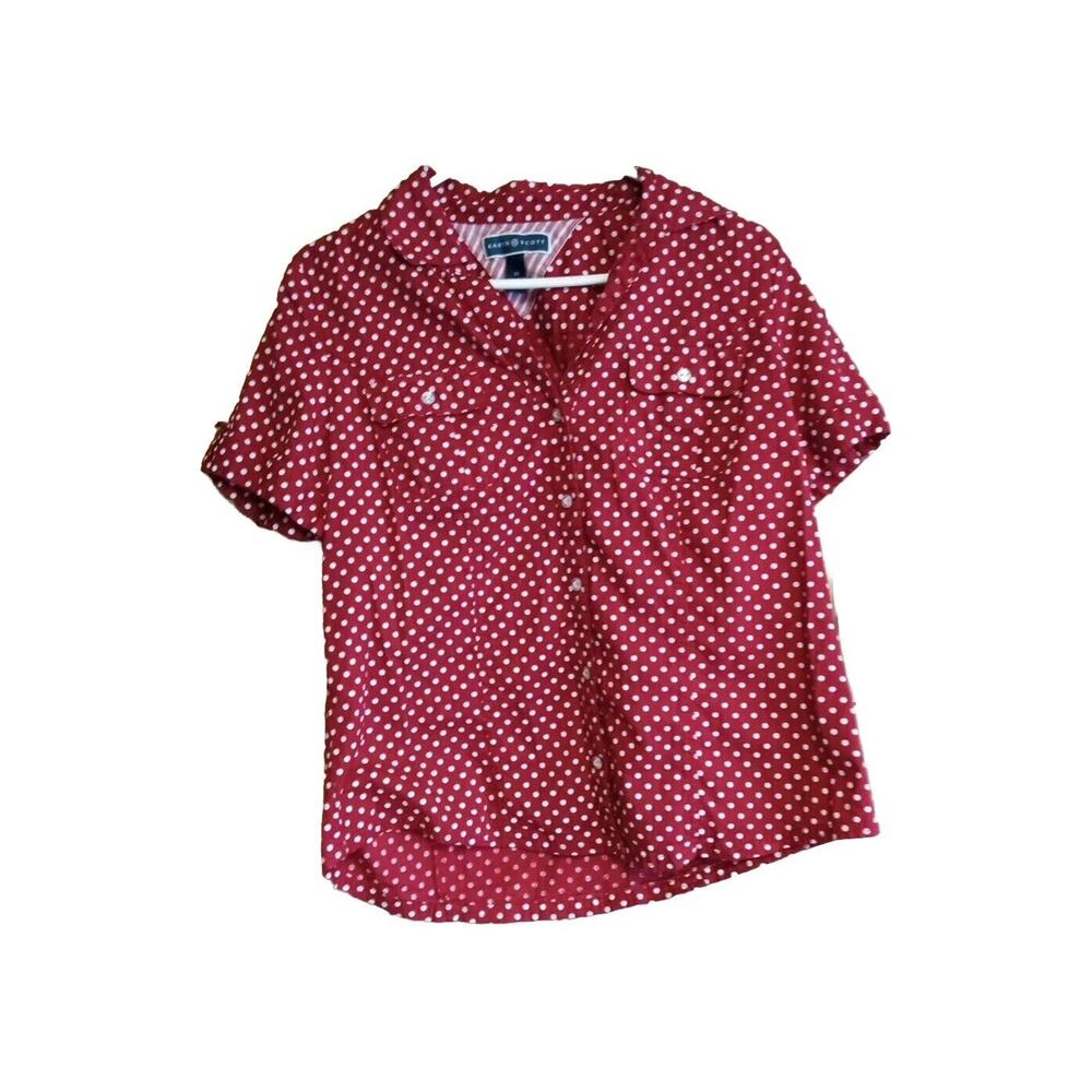 Karen Scott Red White Polkadot Short Sleeve Button Up Shirt, Women's Size M